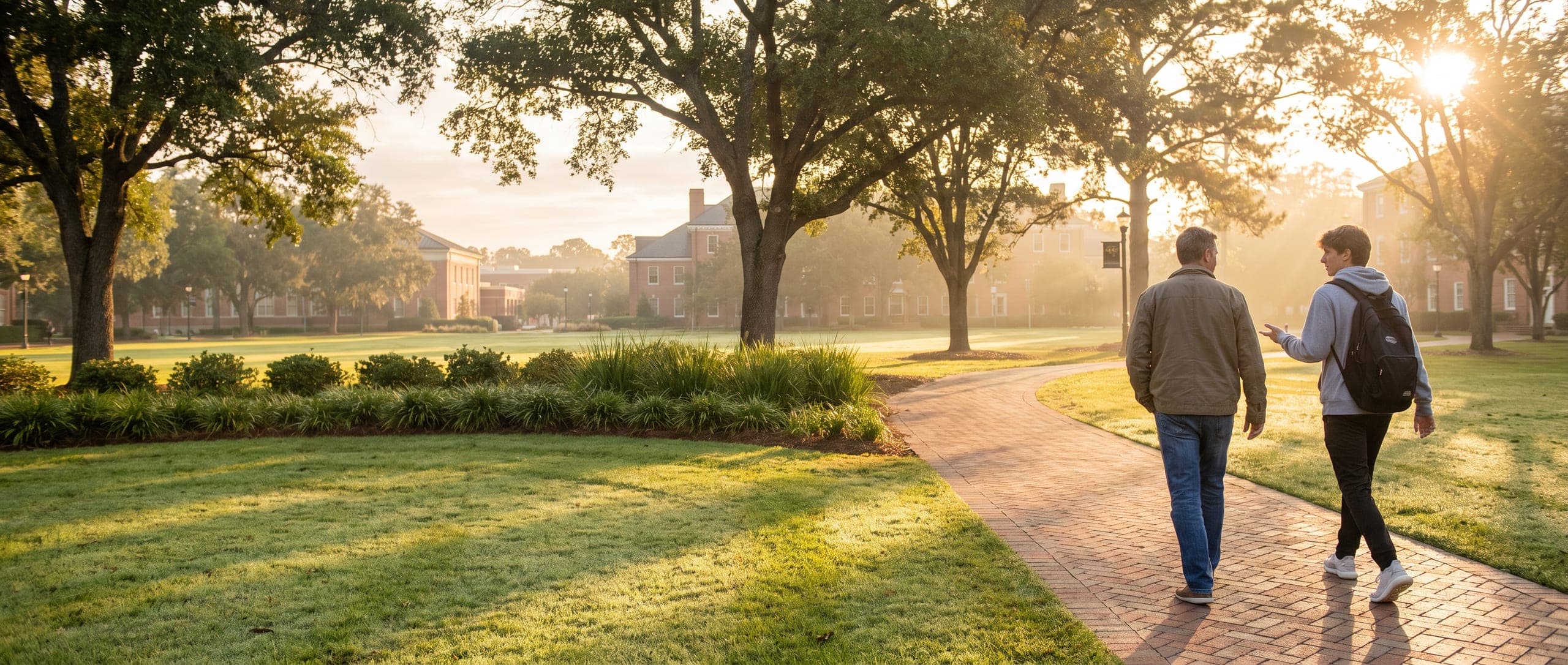 Two people walking along a tree-lined campus path at sunrise.